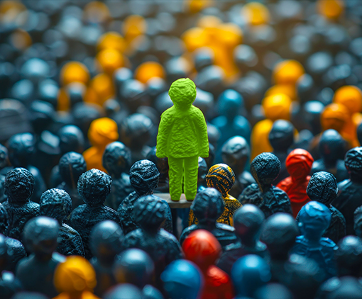 Green human toy standing out in the corwd